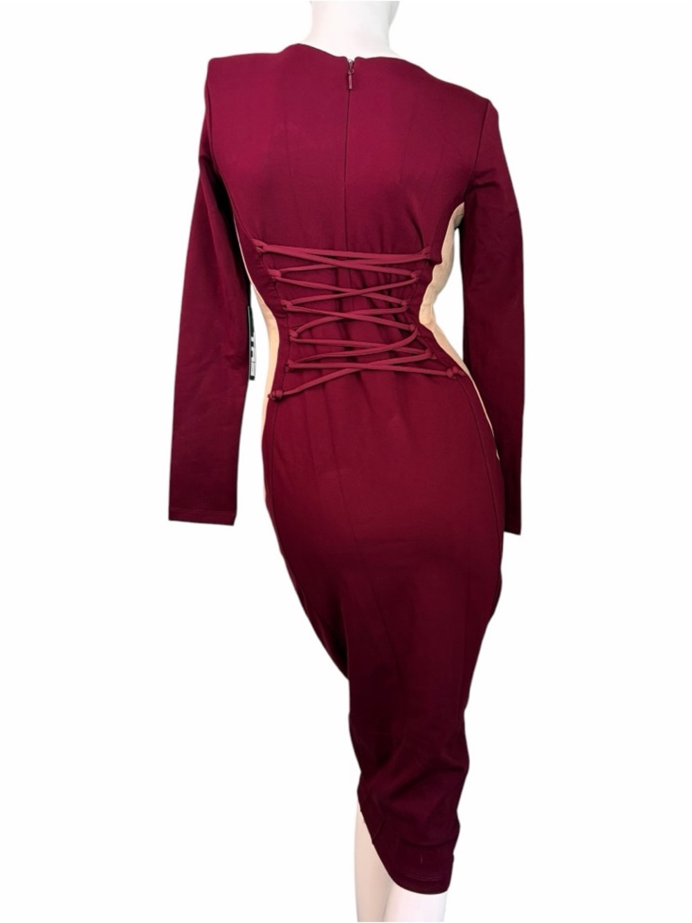 TA3 Notchy Long Sleeve Midi Dress Bodycon Cutout illusions Deep Wine red NWT L - Picture 5 of 16
